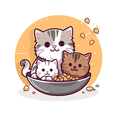 Cute cartoon cat and cat eating food in bowl. Vector illustration.の素材