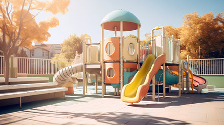 Children's playground in the park on a sunny day. 3d renderingの素材