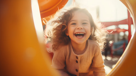 Happy little girl having fun on playground at the day time. Concept of friendly family.の素材