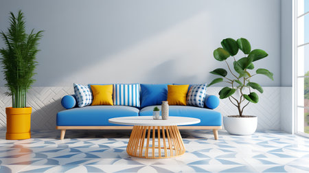 Interior of modern living room with blue sofa and plant. 3d renderの素材