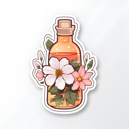 Bottle of essential oil with flowers and leaves. Vector illustration.の素材