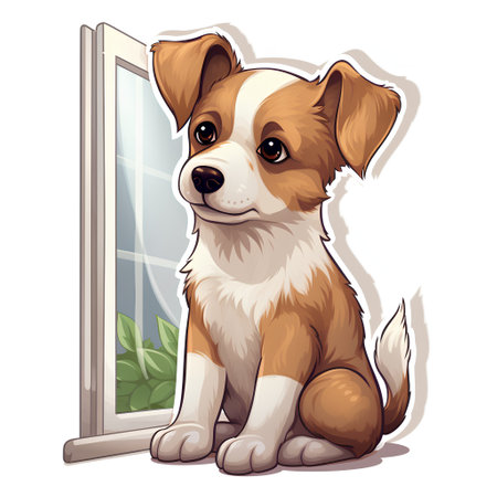 Cute cartoon dog sitting in front of the window. Vector illustration.の素材