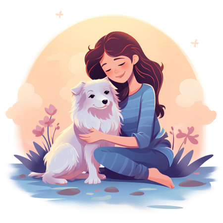 Vector illustration of a girl with a dog in her hands. The girl is sitting on the grass with her pet.の素材
