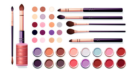 Makeup brushes set. Colorful eyeshadow palette, lipstick, eyeliner, eye liner, blush, concealer. Vector illustrationの素材