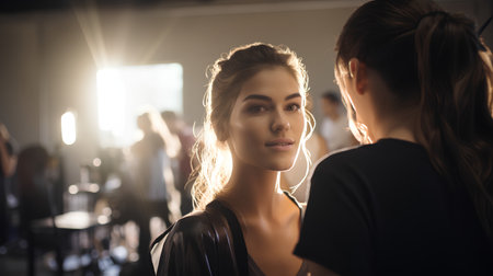 Beautiful young woman in black dress looking at camera and smiling while stylist working in backgroundの素材