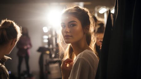 Beautiful girl in white shirt looking in the mirror at night.の素材
