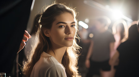 Portrait of a beautiful young woman with long hair standing in a nightclub.の素材