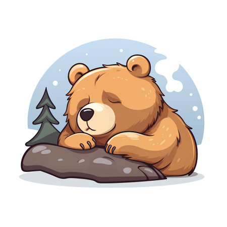 Cute cartoon brown bear sleeping on a rock. Vector illustration.の素材