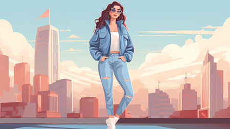 Fashion girl in jeans and jacket on city background. Vector illustration.の素材