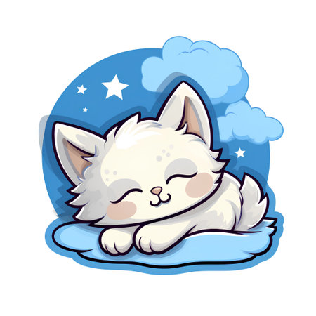 Cute cartoon kawaii white cat sleeping on blue cloud.の素材