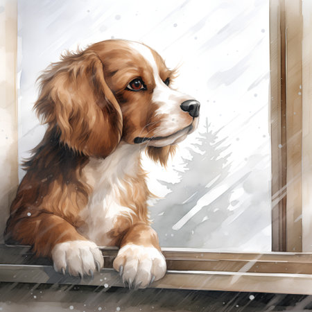 Cute Cavalier King Charles Spaniel puppy sitting on the windowsill in winter.の素材