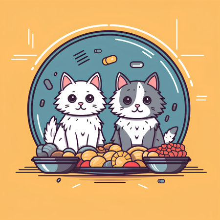 Cute cats in bowl with food. Vector illustration in cartoon style.の素材