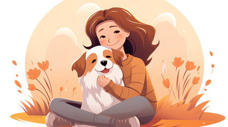 Girl with her dog in autumn park. Vector illustration in cartoon style.の素材