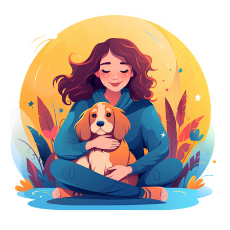 Girl with a dog. Vector illustration in a flat cartoon style.の素材