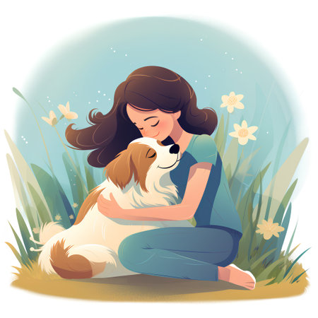 Girl with her dog in the meadow. Vector illustration in cartoon style.の素材