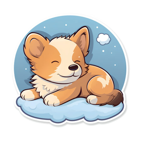 Cute corgi dog lying on cloud cartoon sticker vector illustration.の素材