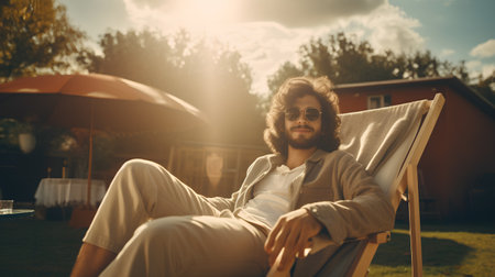 Handsome young man in sunglasses sitting on sun loungerの素材