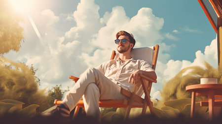 Young man in sunglasses and a white shirt is sitting in a sun lounger in a summer garden.の素材