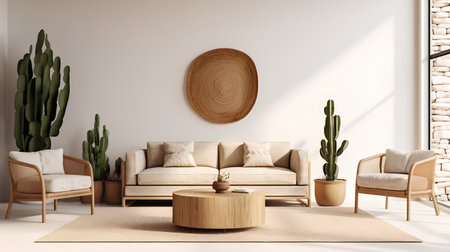 Interior of modern living room with white walls, concrete floor, comfortable beige sofa with round mirror and wooden coffee table. 3d renderingの素材