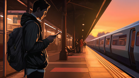 Young man with backpack and mobile phone waiting for train at railway stationの素材