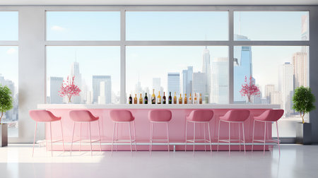 Pink bar counter with pink chairs and a city view. 3d renderingの素材