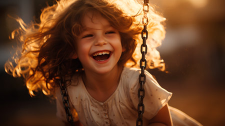 Little girl having fun on a swing. The concept of childhood and happiness.の素材