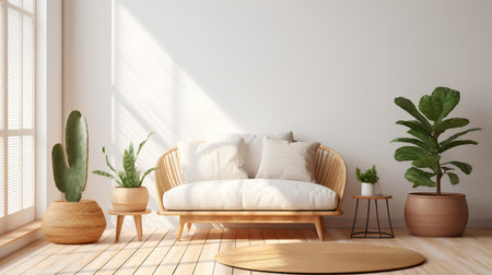 Interior living room with white sofa, rattan armchair and plants. 3d renderの素材