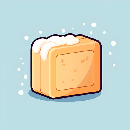 Illustration of a square piece of soap with foam on a blue backgroundの素材
