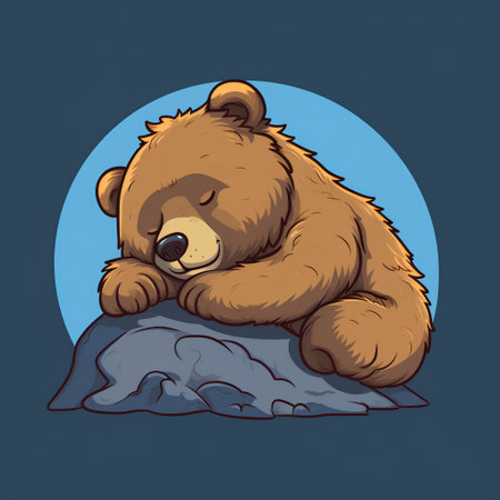 Cute brown bear sleeping on a rock. Vector cartoon illustration.の素材