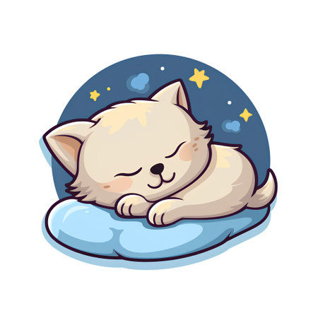 Cute cartoon cat sleeping on a blue pillow. Vector illustration.の素材