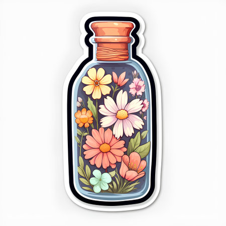 Hand drawn vector illustration of a glass bottle with flowers and leaves.の素材