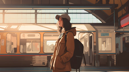 Young woman waiting for the train at the station. Vector illustration.の素材