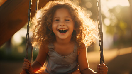Cute little girl with curly hair swinging on a swing in the park.の素材