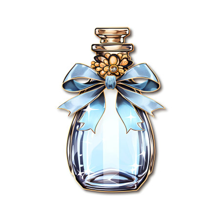 Bottle of perfume with blue bow and golden ribbon. Vector illustration.の素材