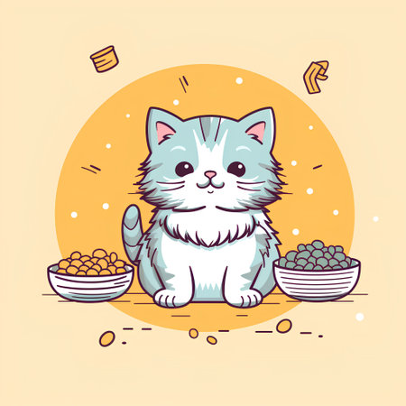 Cute cat with bowl of food. Vector illustration in cartoon style.の素材