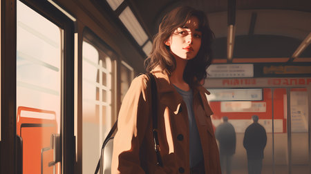 Beautiful young woman in trench coat at the train station. Toned.の素材