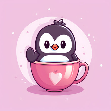 Cute cartoon penguin sitting in a pink cup. Vector illustration.の素材