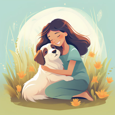 Vector illustration of a girl hugging her dog in the meadow.の素材