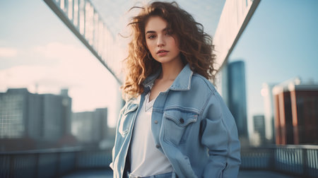 Beautiful young woman with curly hair in jeans jacket and white T-shirt on the background of the city.の素材