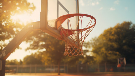 Basketball hoop and ball on outdoor court at sunset. Sport backgroundの素材