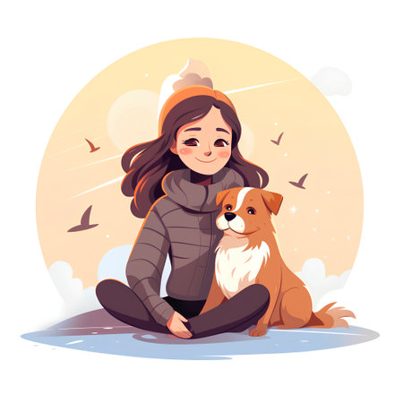 Cute little girl sitting on the ground with her dog. Vector illustration.の素材