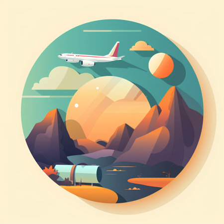 Landscape with airplane and mountains. Vector illustration in flat style.の素材