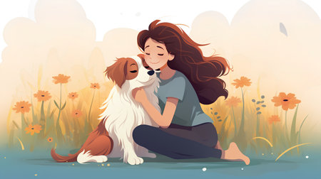 Girl and her dog in the meadow. Vector illustration in cartoon style.の素材