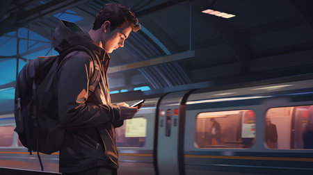 Young man with backpack using mobile phone at subway station. 3D renderingの素材