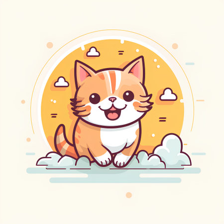 Cute cat sitting on the cloud. Vector flat cartoon illustration.の素材
