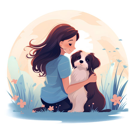 Young woman with her dog in the park. Vector illustration in cartoon style.の素材