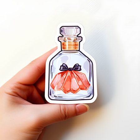 Hand holding a bottle of perfume with a bow. Vector illustration.の素材