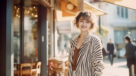 beautiful young woman walking in the city, wearing a striped jacketの素材