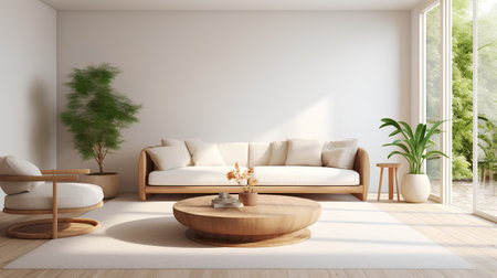 Modern living room with white walls, a wooden floor, a round coffee table and a sofa. 3d rendering mock upの素材