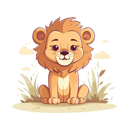 Cute cartoon lion sitting on the grass. Vector illustration isolated on white background.の素材